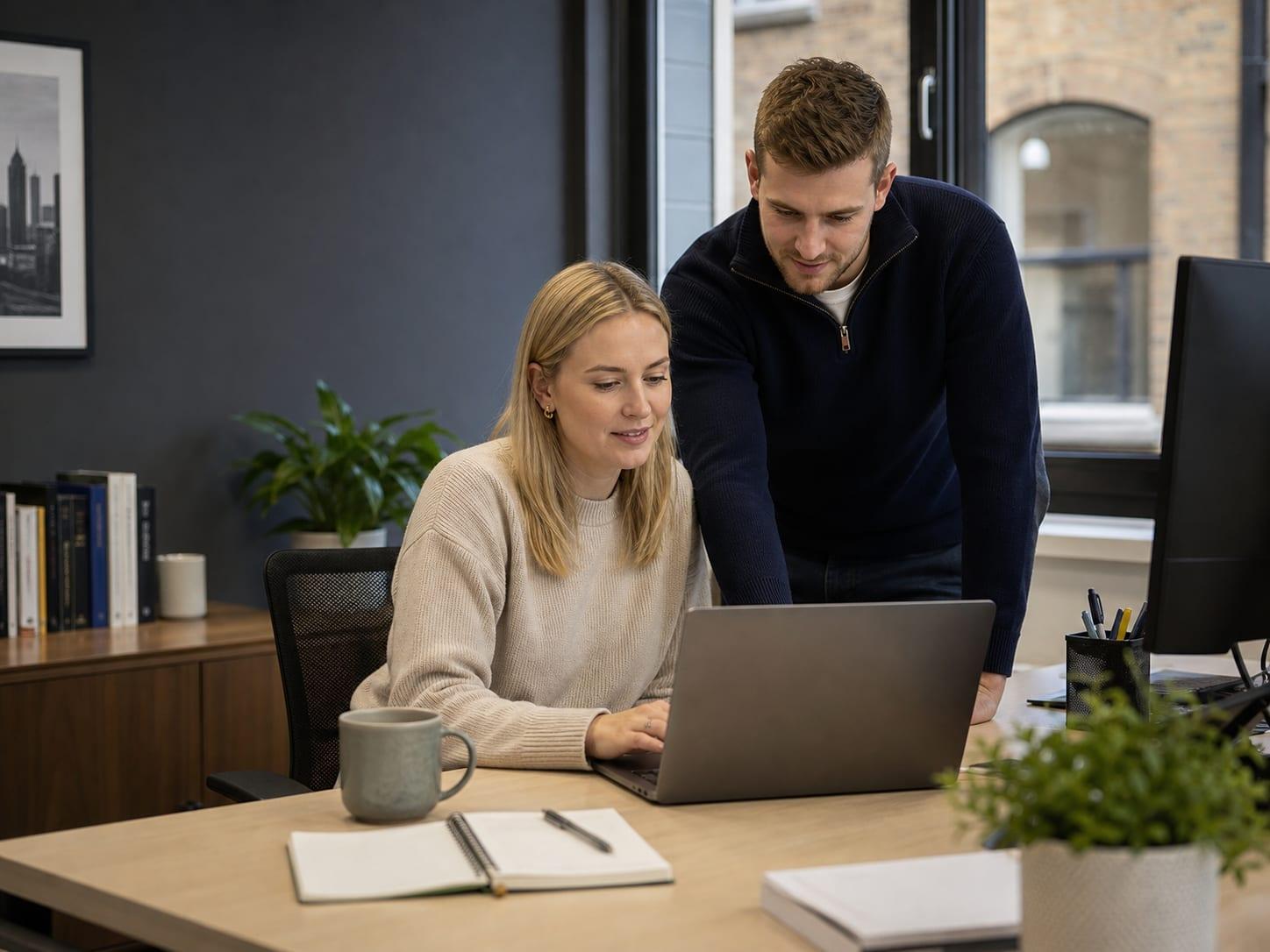Verge Tech senior IT engineer helping a client at a laptop in a London office